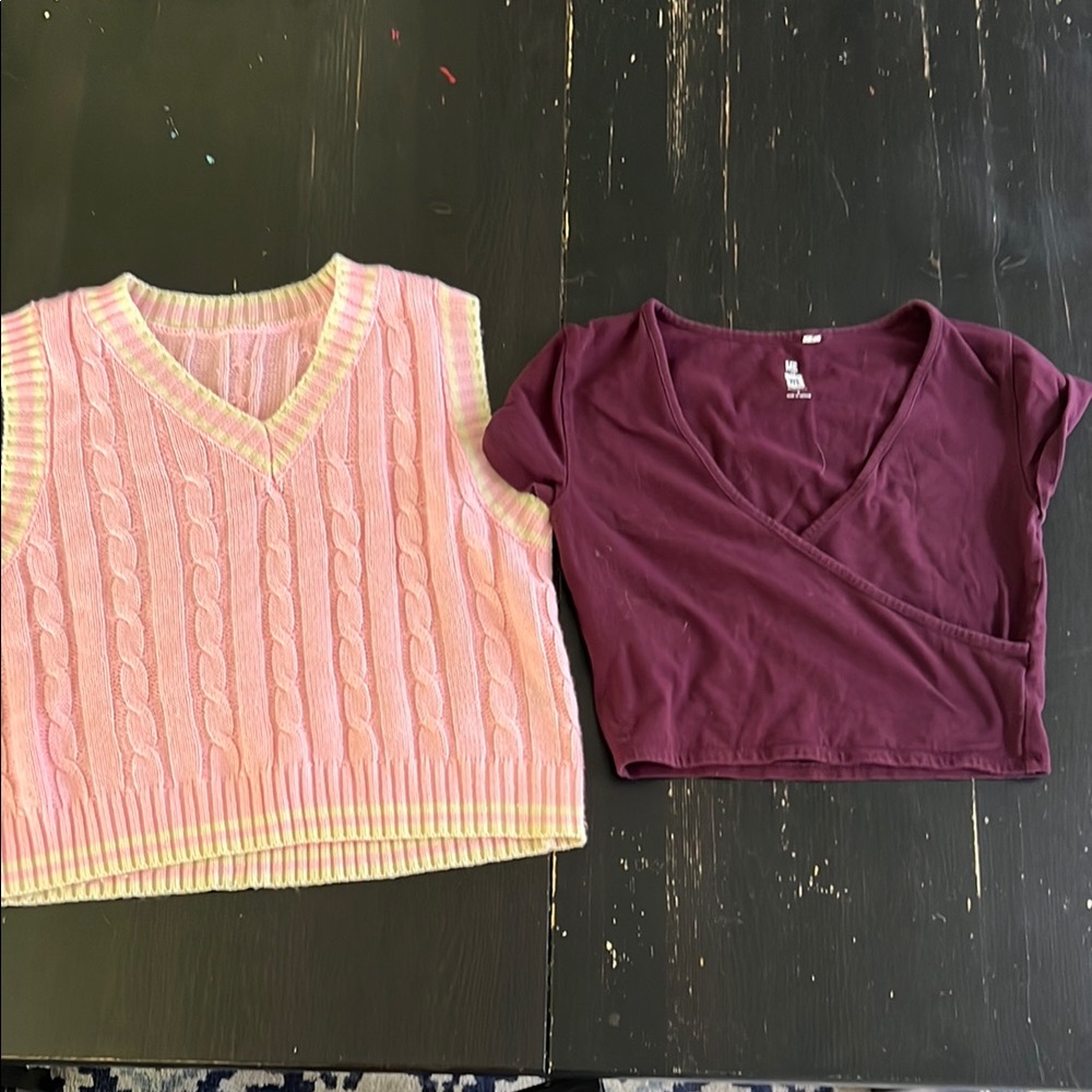 Pink Cable Knit Vest and burgundy Wrap Top